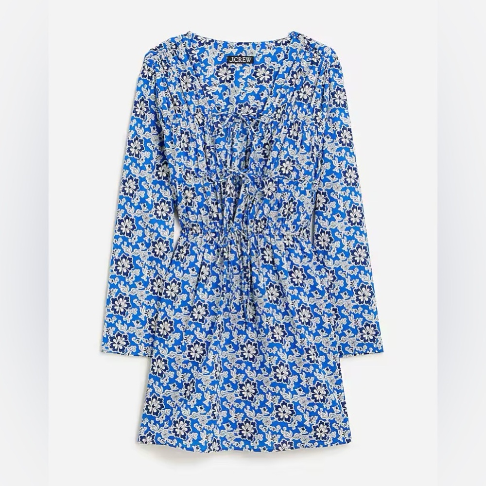 J. Crew Tiered Tie-Front Beach Dress Coverup Cobalt Floral Cotton Voile